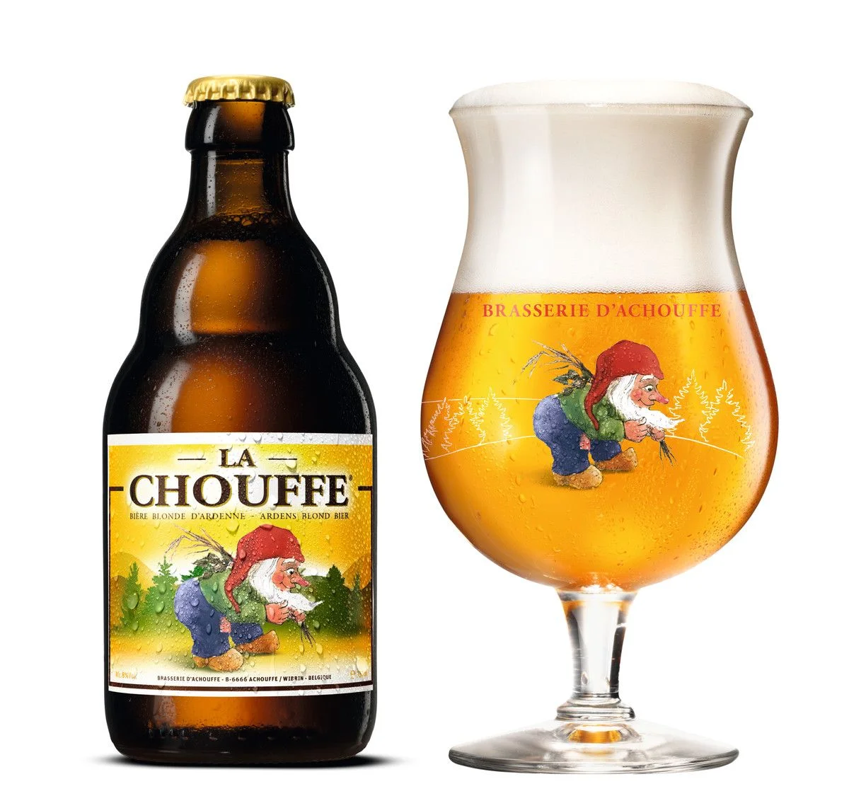 Specialöl La Chouffe med upphällt Chouffe ölglas
