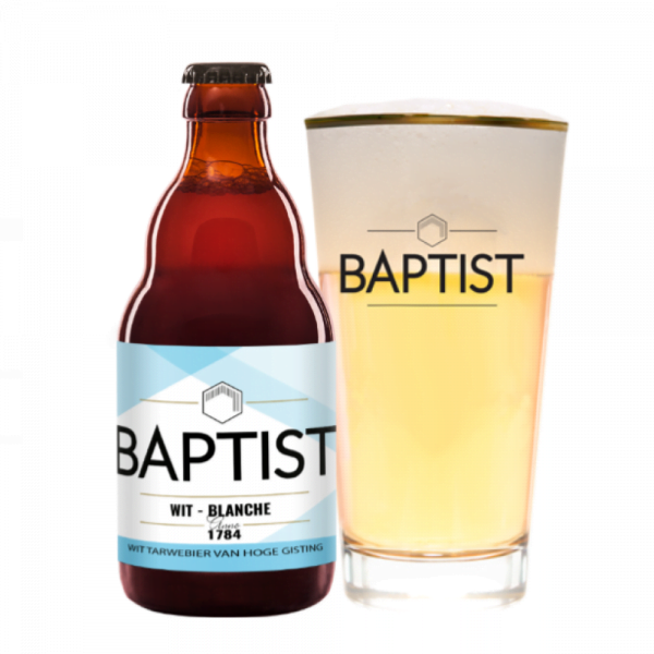 Speciaalbier Baptist Wit met ingeschonken Baptist bierglas