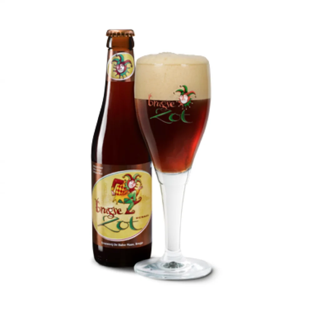 Specialöl Burgse Zot Dubbel med upphällt Brugse Zot ölglas