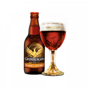 Speciaalbier Grimbergen Dubbel met ingeschonken Grimbergen bierglas