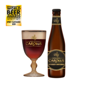 Flesje Gouden Carolus Whisky Infused met ingeschonken glas