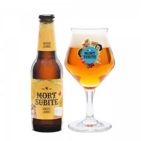 Speciaalbier Gueuze Lambic met ingeschonken Mort Subite bierglas