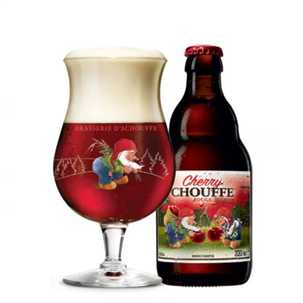 Speciaalbier Cherry Chouffe met ingeschonken Chouffe bierglas