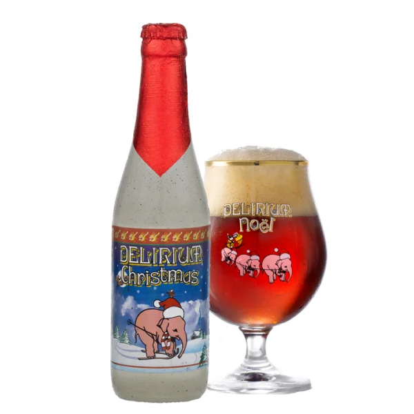 Speciaalbier Delirium Christmas met ingeschonken Delirium Noel bierglas