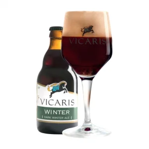 Bierfles Vicaris winter met ingeschonken bierglas