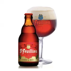 Speciaalbier St Feuillien Cuvee de Noel met ingeschonken St. Feuillien bierglas