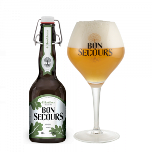 Bierfles Bon Secours 4 Houblons met ingeschonken bierglas