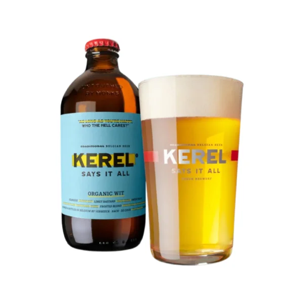 Bierfles Kerel Organic wit met ingeschonken glas