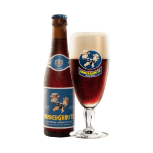 Bierfles vanderGhinste Roodbruin met ingeschonken glas