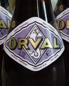 Close up van het etiket van Orval Trappst